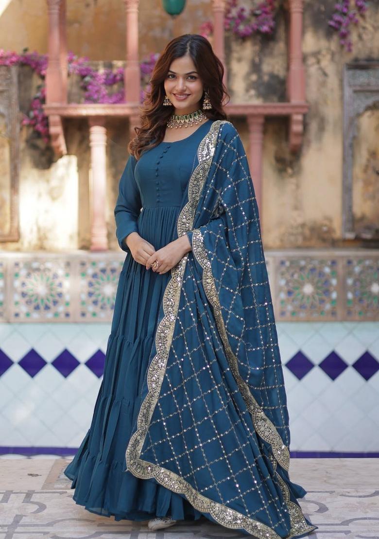 Blue Georgette Sequin Embroidered Anarkali Set With Dupatta