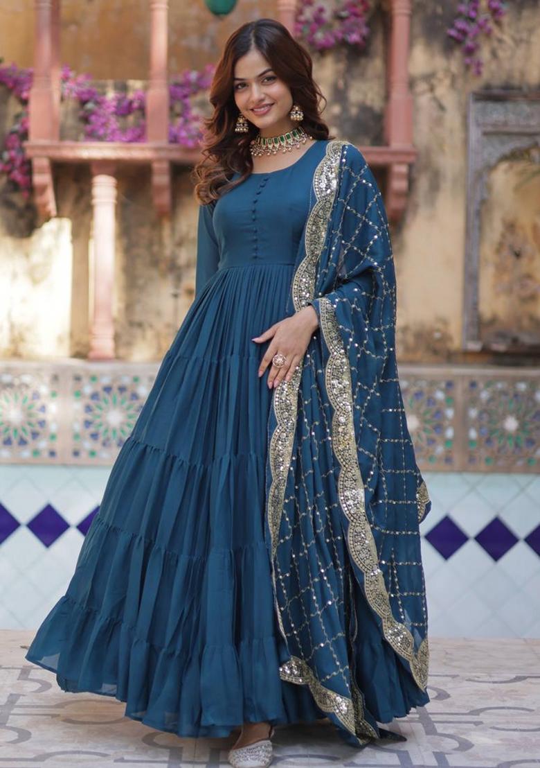 Blue Georgette Sequin Embroidered Anarkali Set With Dupatta