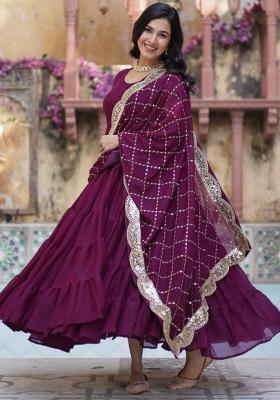 Maroon Georgette Sequin Embroidered Anarkali Set With Dupatta