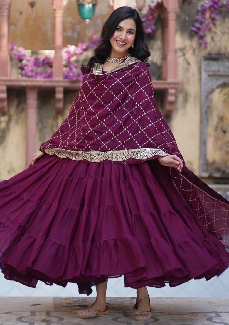 Maroon Georgette Sequin Embroidered Anarkali Set With Dupatta