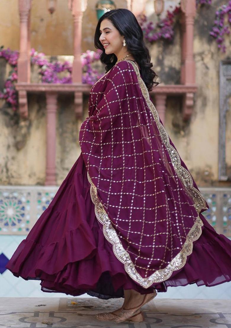 Maroon Georgette Sequin Embroidered Anarkali Set With Dupatta