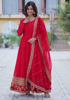 Red Poly Blend Sequin Embroidered Anarkali Set With Dupatta