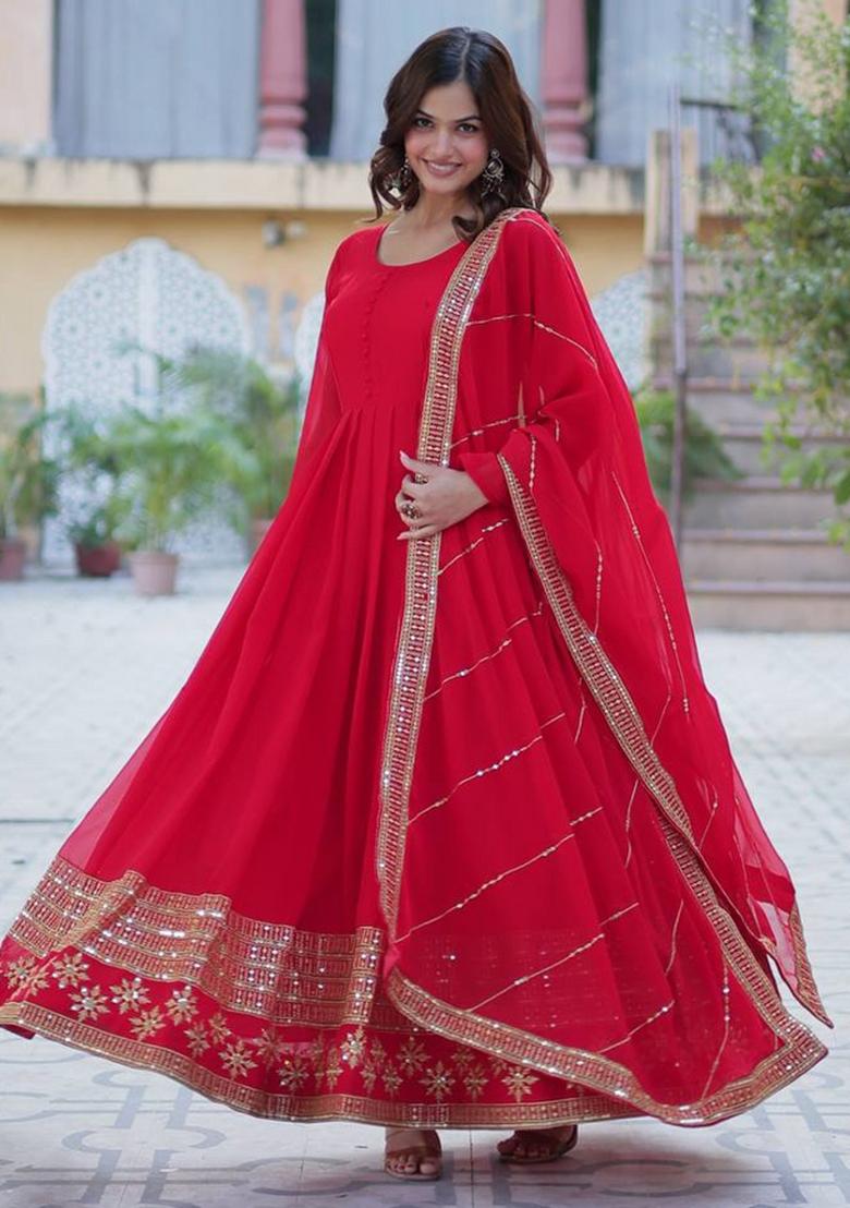 Red Poly Blend Sequin Embroidered Anarkali Set With Dupatta