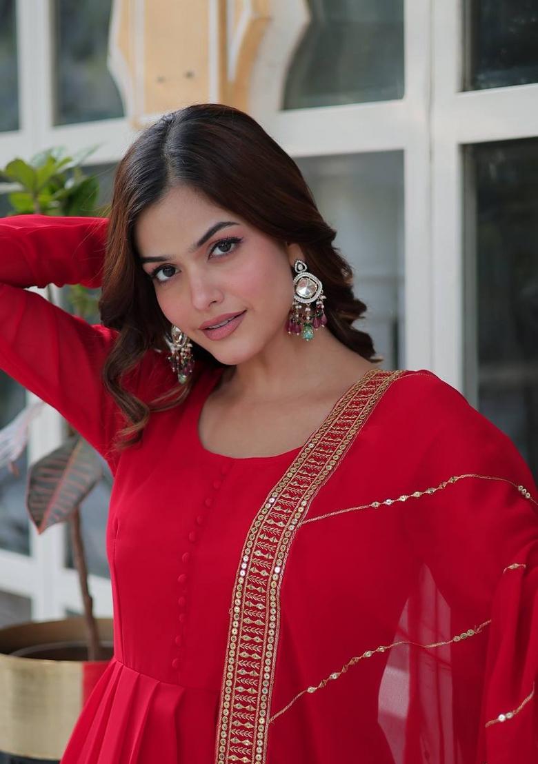 Red Poly Blend Sequin Embroidered Anarkali Set With Dupatta