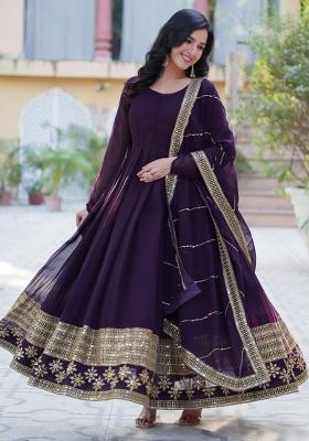 Maroon Poly Blend Sequin Embroidered Anarkali Set With Dupatta