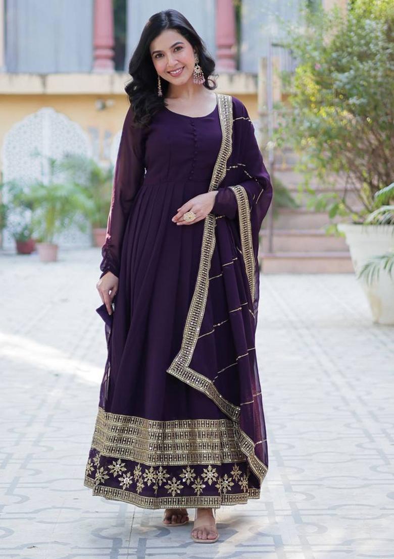 Maroon Poly Blend Sequin Embroidered Anarkali Set With Dupatta