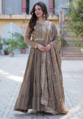 Brown Georgette Sequin Embroidered Anarkali Set With Dupatta