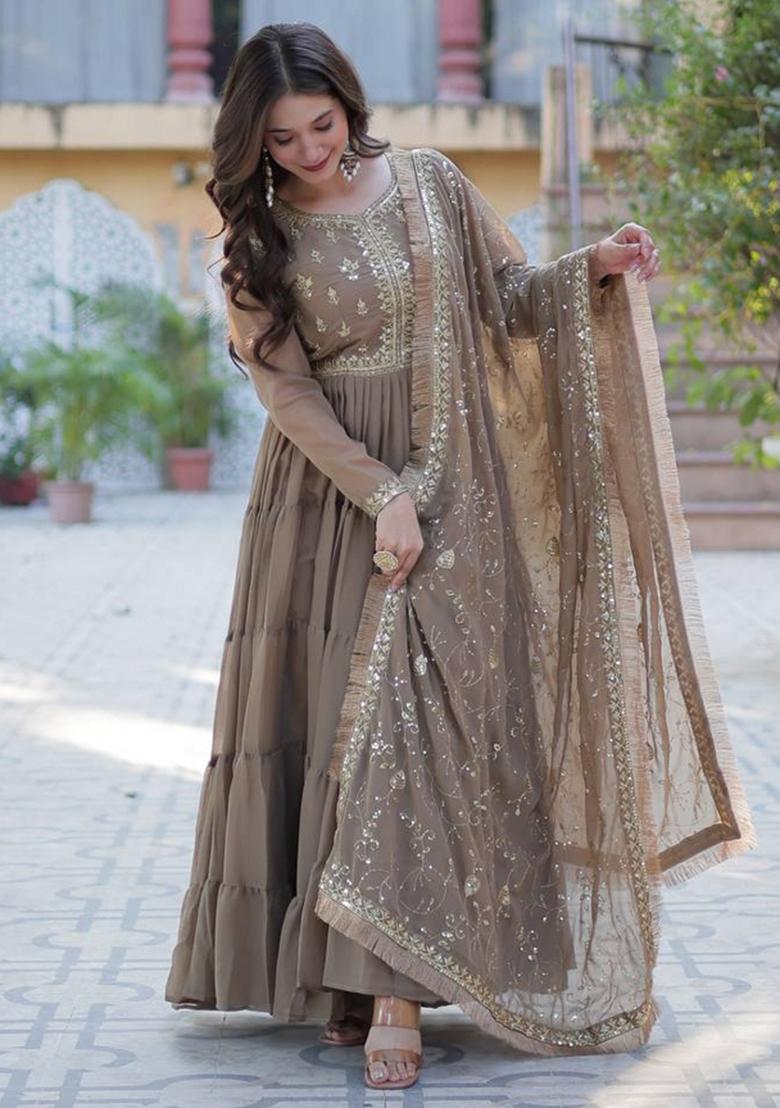 Brown Georgette Sequin Embroidered Anarkali Set With Dupatta