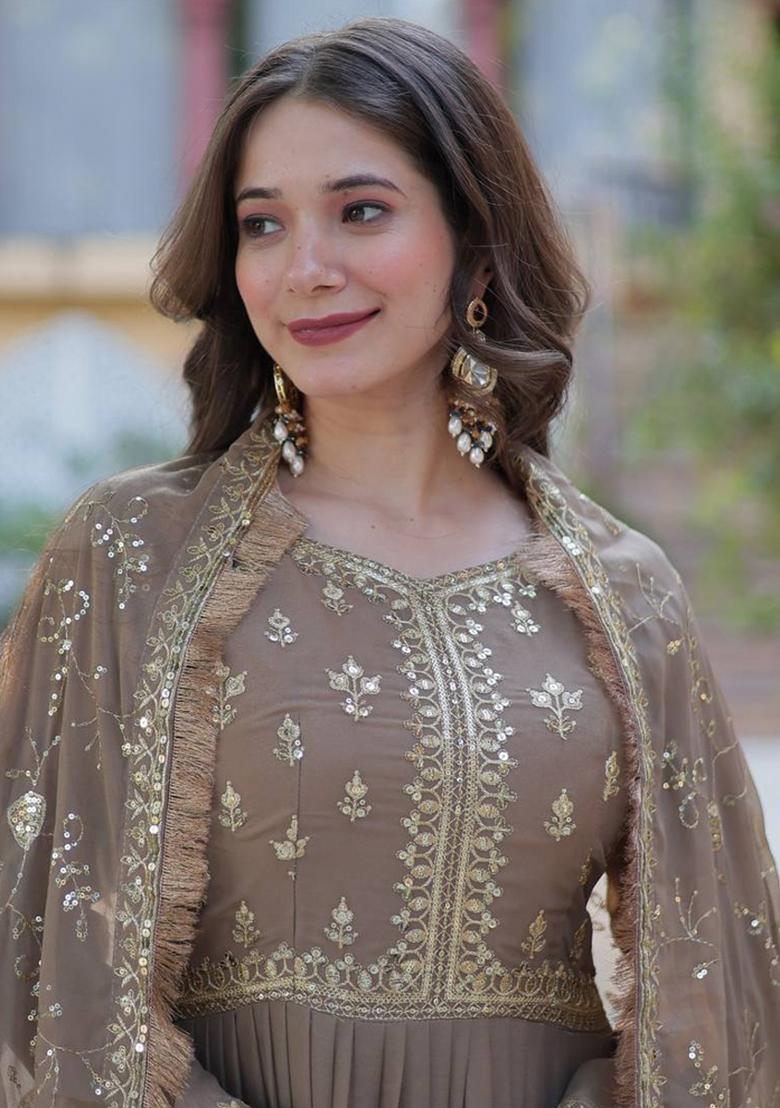 Brown Georgette Sequin Embroidered Anarkali Set With Dupatta