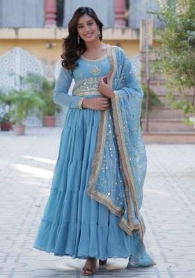 Blue Georgette Sequin Embroidered Anarkali Set With Dupatta