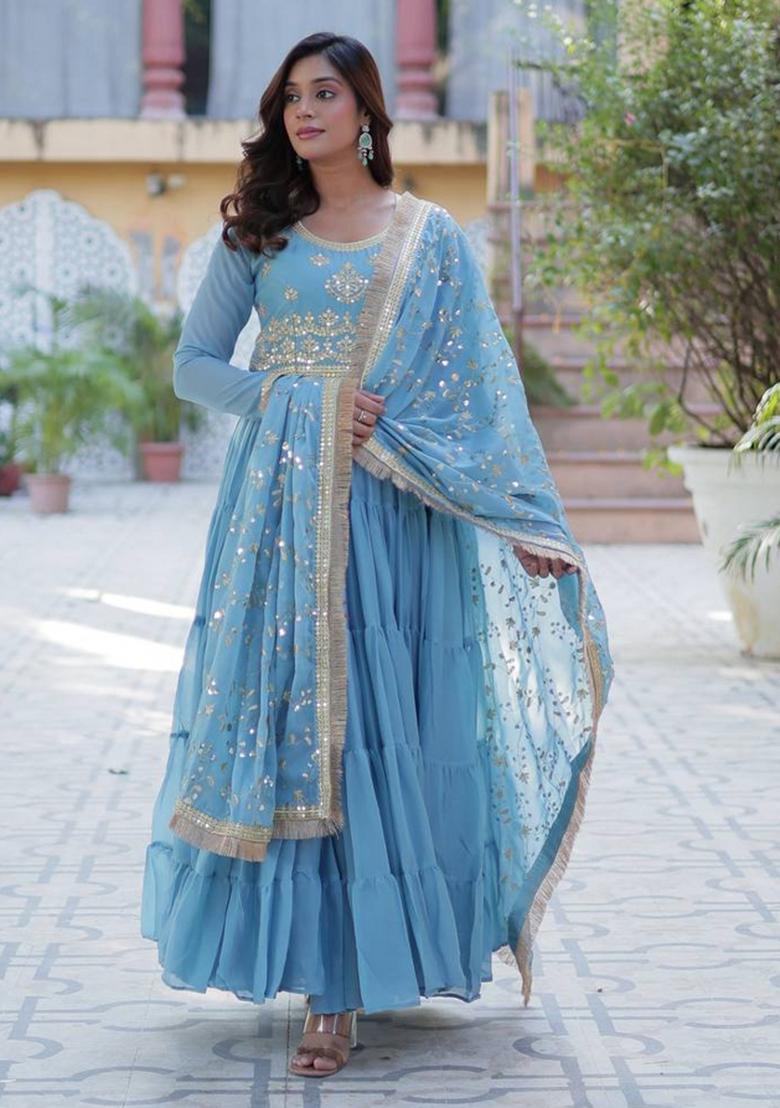 Blue Georgette Sequin Embroidered Anarkali Set With Dupatta