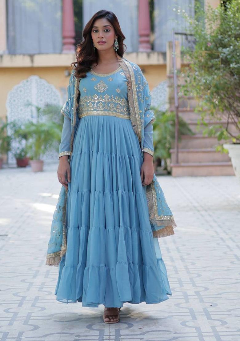 Blue Georgette Sequin Embroidered Anarkali Set With Dupatta