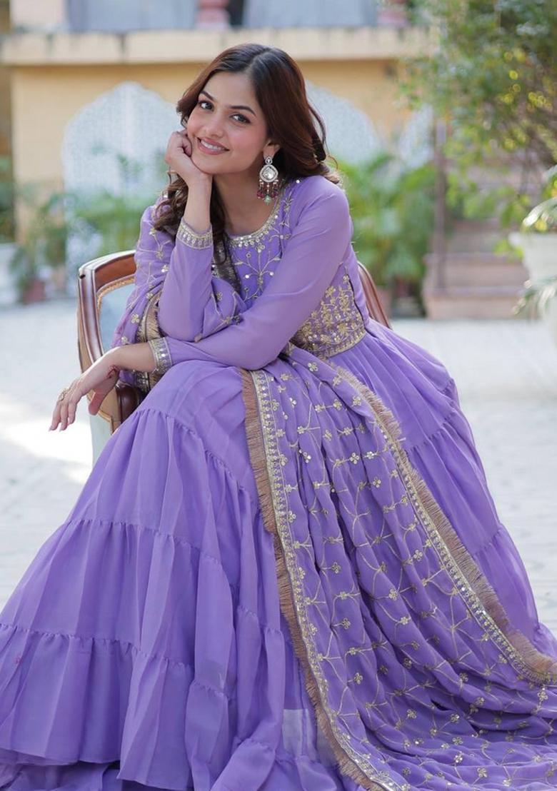 Purple Georgette Sequin Embroidered Anarkali Set With Dupatta