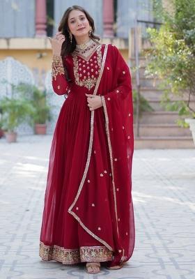 Maroon Georgette Sequin Embroidered Anarkali Set With Dupatta