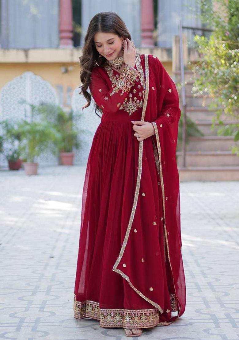 Maroon Georgette Sequin Embroidered Anarkali Set With Dupatta