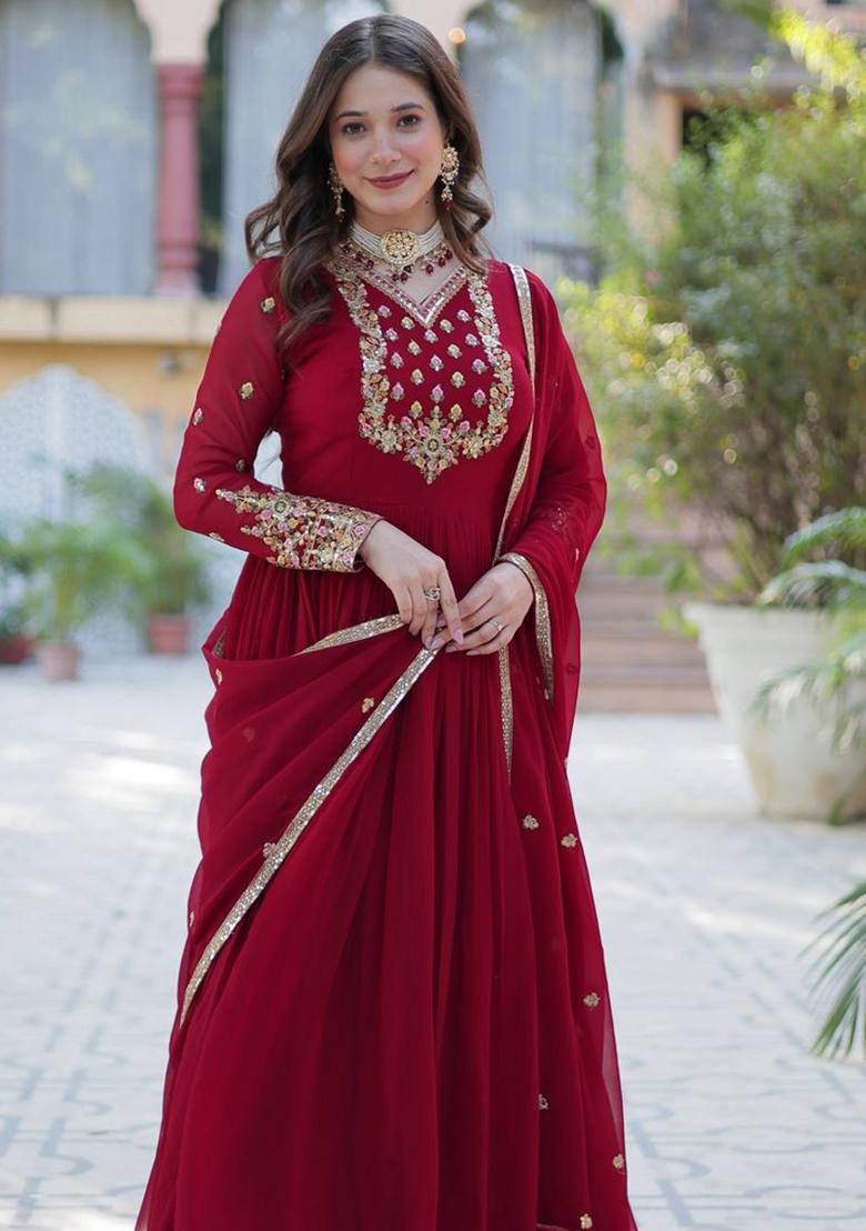 Maroon Georgette Sequin Embroidered Anarkali Set With Dupatta