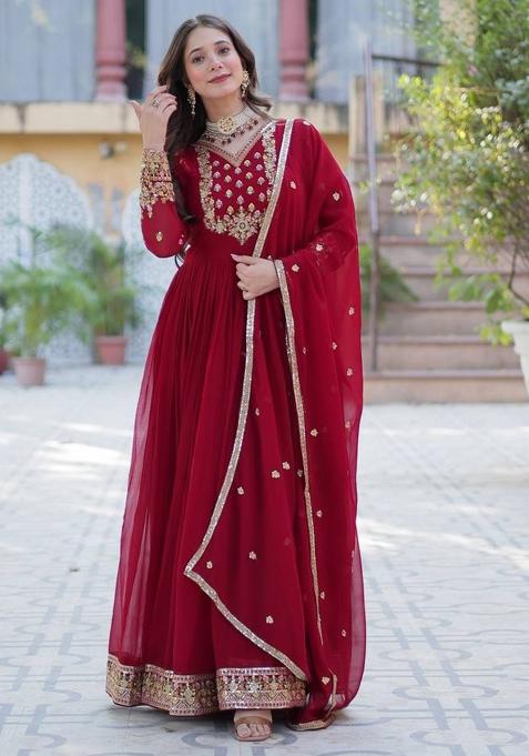 Maroon Georgette Sequin Embroidered Anarkali Set With Dupatta