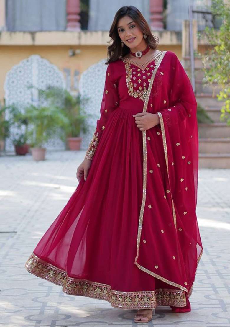 Pink Embroidered Georgette Anarkali With Dupatta - Indya