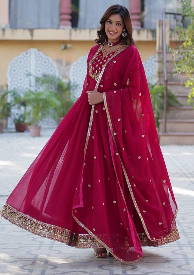 Pink Georgette Sequin Embroidered Anarkali Set With Dupatta