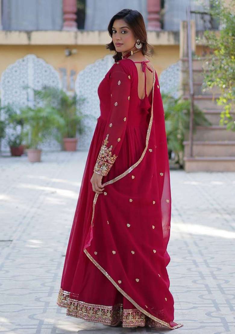 Pink Embroidered Georgette Anarkali With Dupatta - Indya