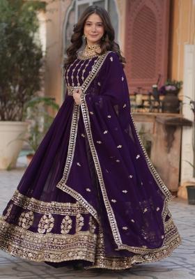 Purple Poly Blend Sequin Embroidered Anarkali Set With Dupatta