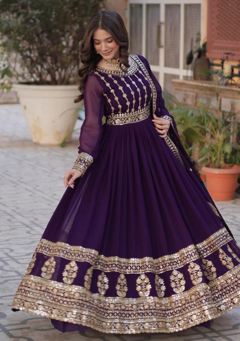 Purple Poly Blend Sequin Embroidered Anarkali Set With Dupatta