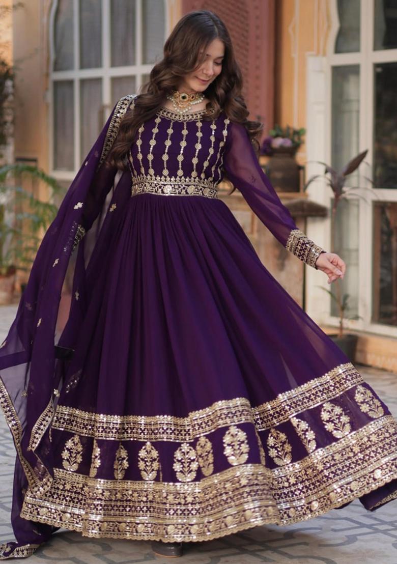 Purple Poly Blend Sequin Embroidered Anarkali Set With Dupatta