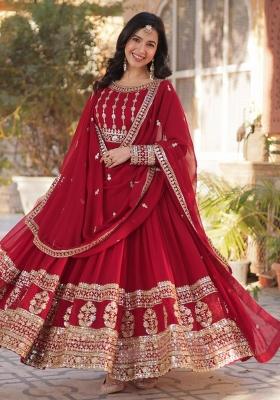Red Poly Blend Sequin Embroidered Anarkali Set With Dupatta