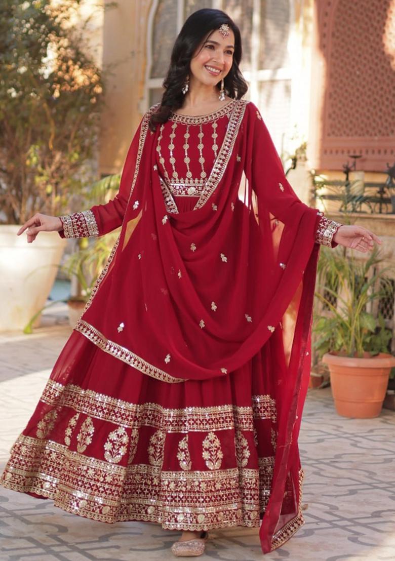 Red Poly Blend Sequin Embroidered Anarkali Set With Dupatta