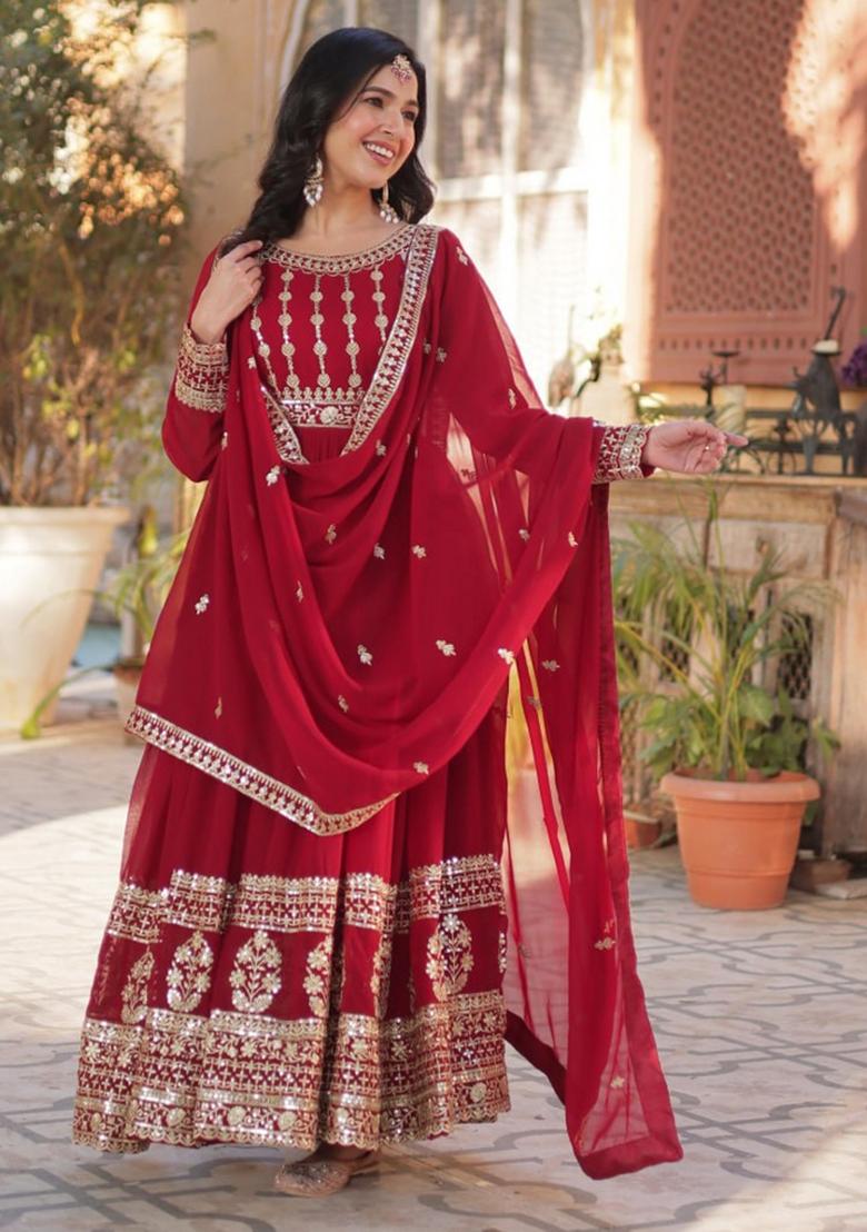 Red Poly Blend Sequin Embroidered Anarkali Set With Dupatta