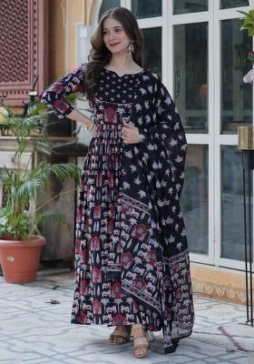 Black Cotton Solid Salwar Kameez With Dupptta