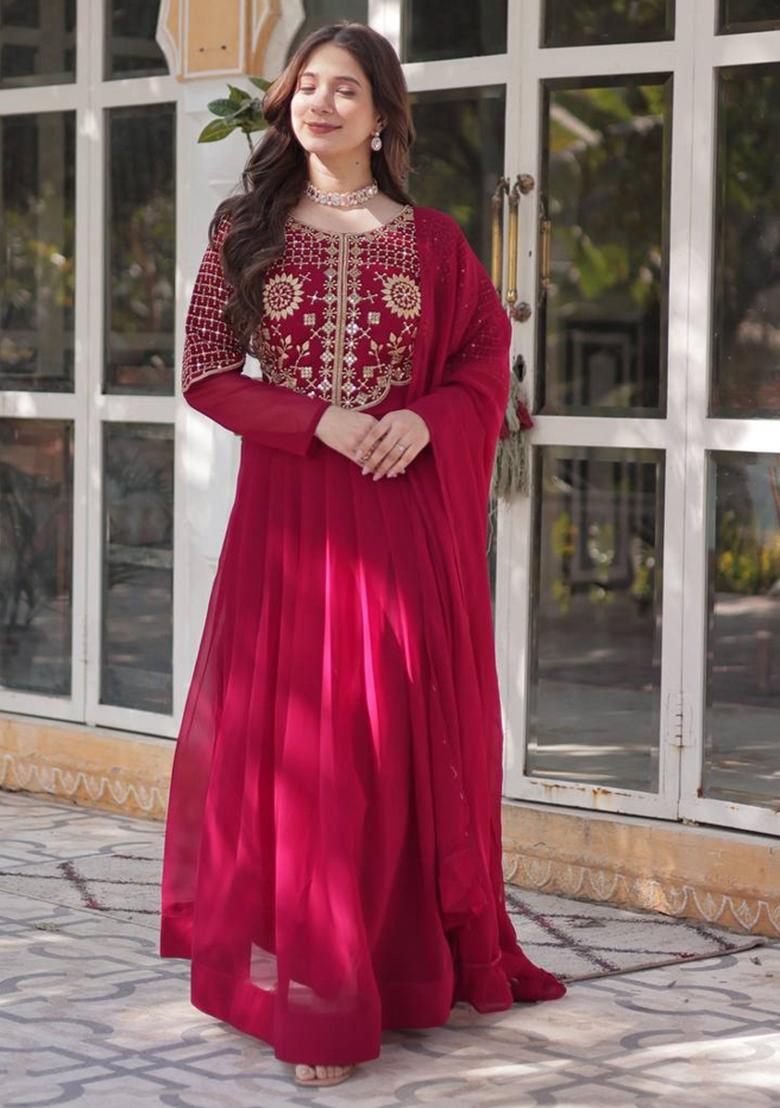 Pink Georgette Embroidered Anarkali Set With Dupatta