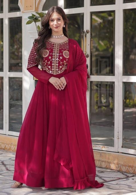 Pink Georgette Embroidered Anarkali Set With Dupatta