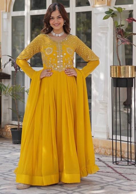 Yellow Georgette Embroidered Anarkali