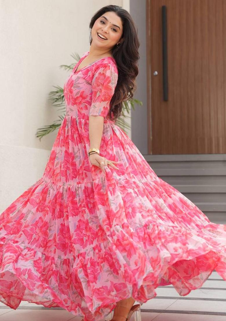 Peach Georgette Printed Anarkali