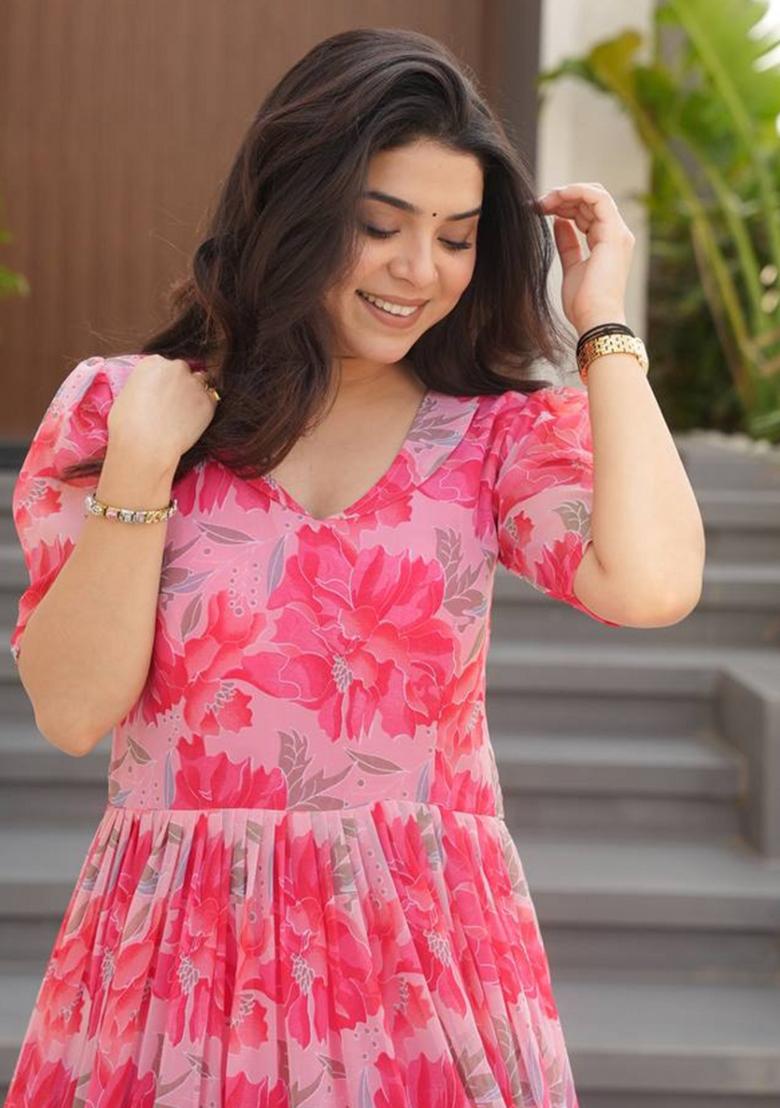 Peach Georgette Printed Anarkali