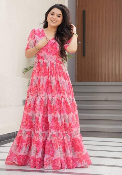 Peach Georgette Printed Anarkali