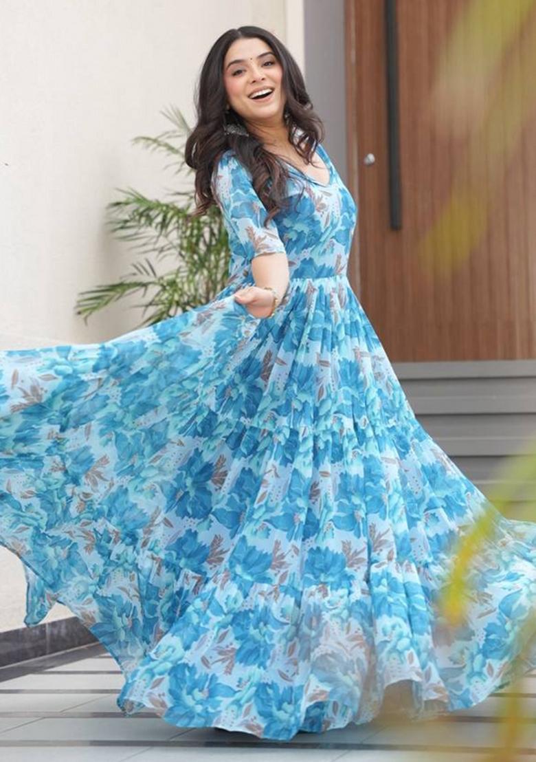 Blue Georgette Printed Anarkali