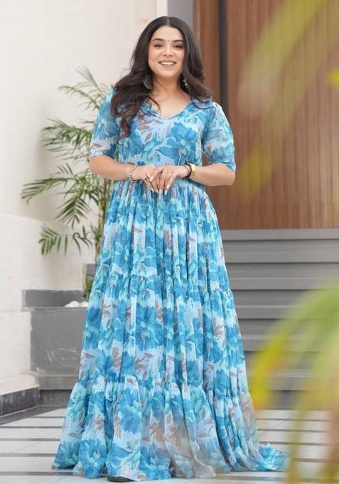 Blue Georgette Printed Anarkali