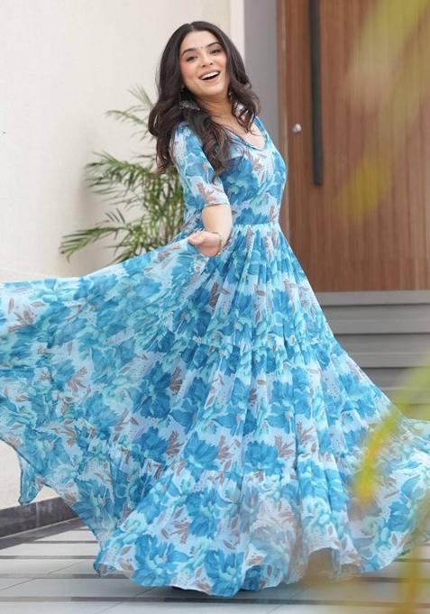 Blue Georgette Printed Anarkali