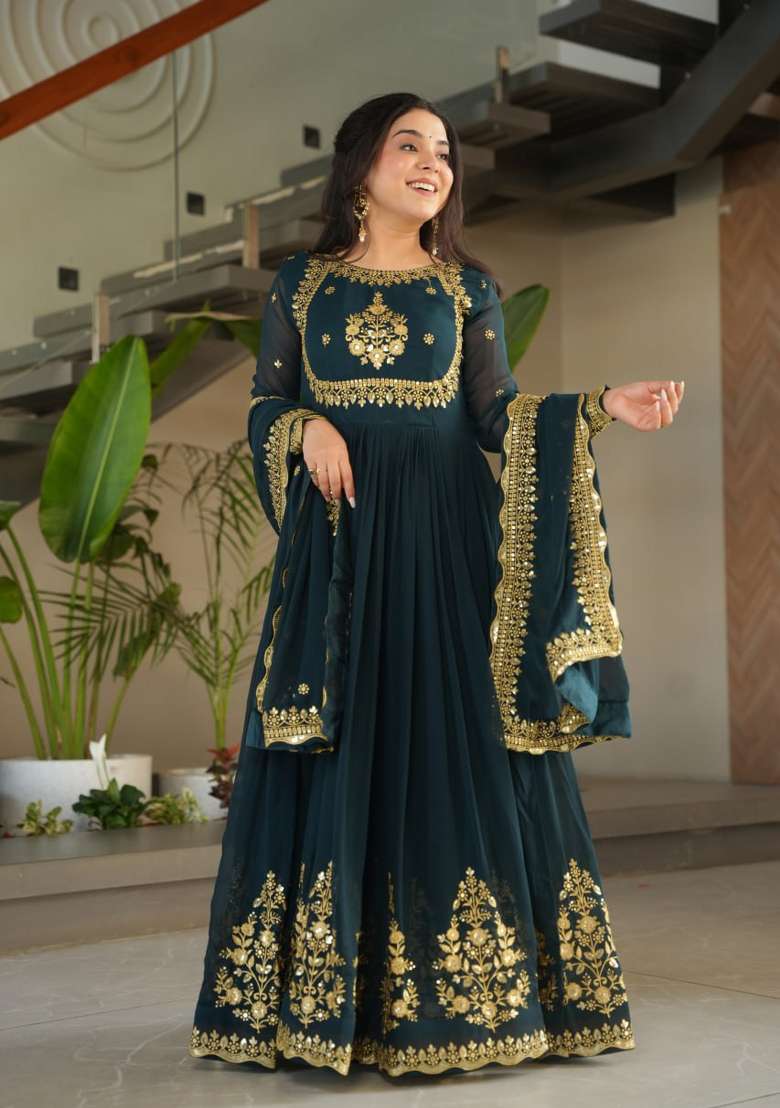 Green Embroidered Georgette Anarkali With Dupatta - Indya