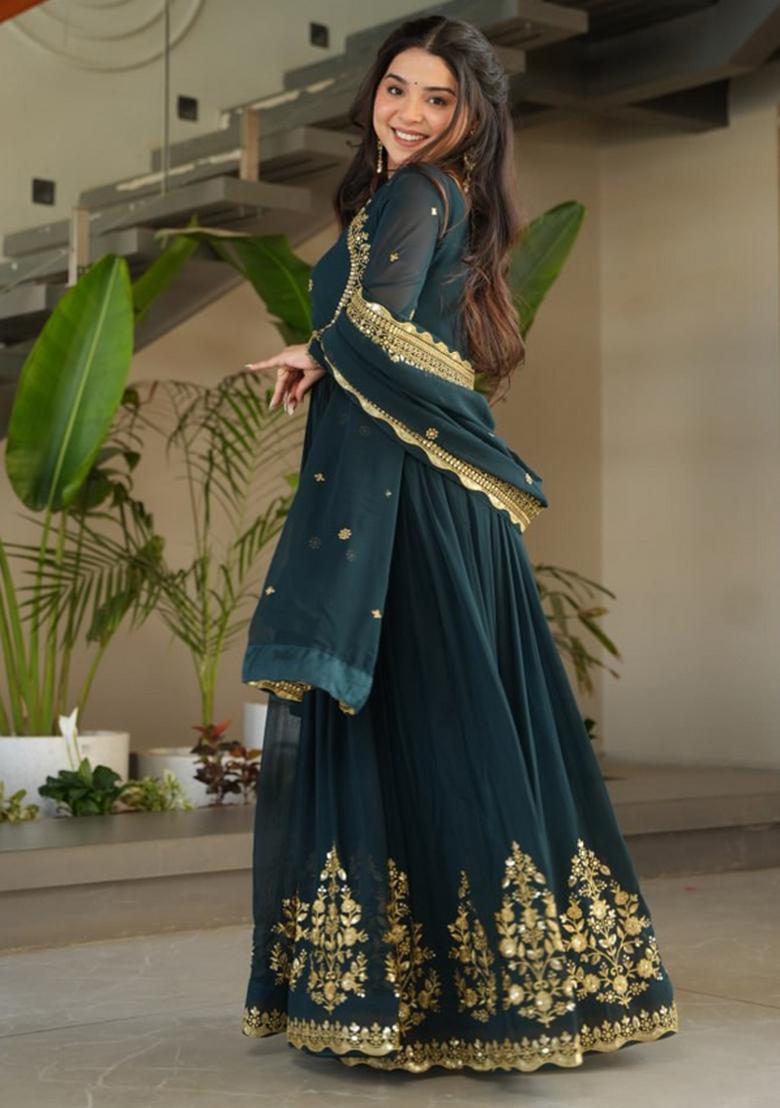 Green Georgette Sequin Embroidered Anarkali Set With Dupatta
