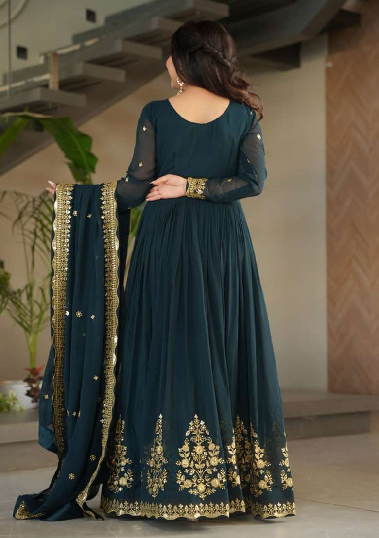 Green Embroidered Georgette Anarkali With Dupatta - Indya