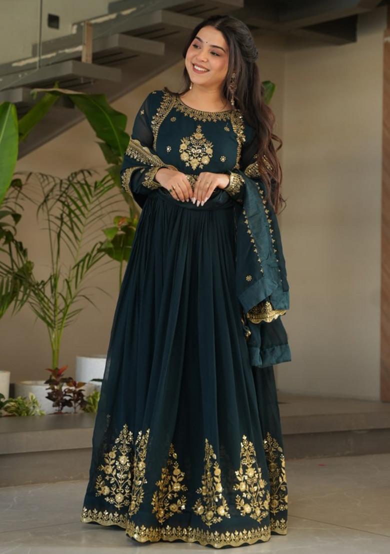 Green Georgette Sequin Embroidered Anarkali Set With Dupatta