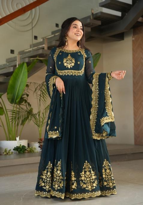 Green Georgette Sequin Embroidered Anarkali Set With Dupatta