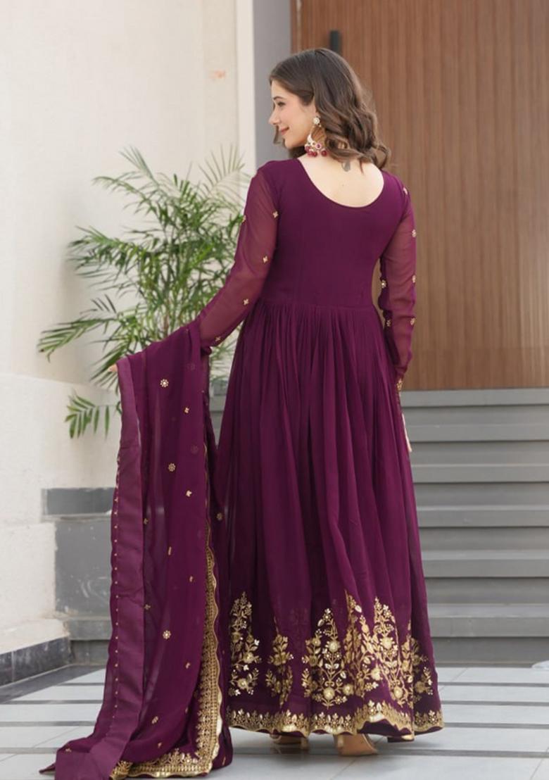 Wine Georgette Sequin Embroidered Salwar Kameez With Dupptta