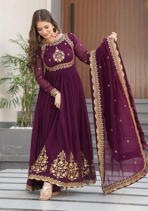Wine Georgette Sequin Embroidered Salwar Kameez With Dupptta