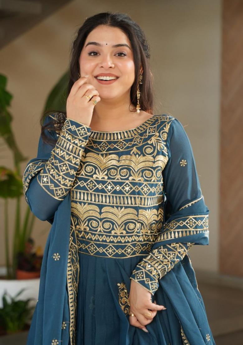 Green Chinnon Sequin Embroidered Anarkali Set With Dupatta