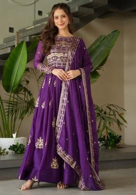 Purple Chinnon Sequin Embroidered Anarkali Set With Dupatta