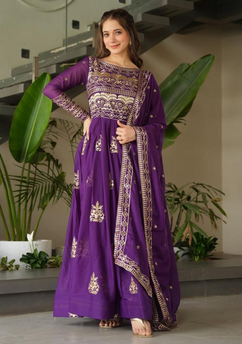 Purple Chinnon Sequin Embroidered Anarkali Set With Dupatta